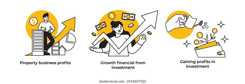 Personal Finance and Investment vector character set bundle. Collection of people trading on stock market, gaining and losing in financial, property investment, share market profits