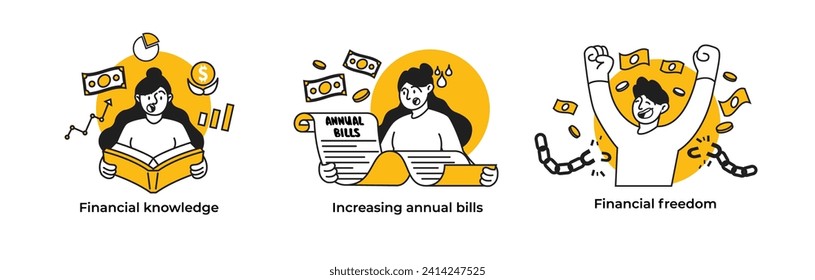 Conjunto de caracteres vectoriales de finanzas personales e inversión. Recaudación de personas que comercian en el mercado de valores, ganando y perdiendo en las inversiones financieras, inmobiliarias, beneficios del mercado de acciones