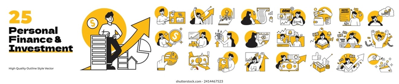 Personal Finance and Investment vector character set bundle. Collection of people trading on stock market, gaining and losing in financial, property investment, share market profits