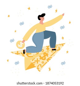 Personal finance, investments, personal capital, financial goals, financial growth concepts. Man on paper money plane with coin in hand. Boy making money and reach financial success