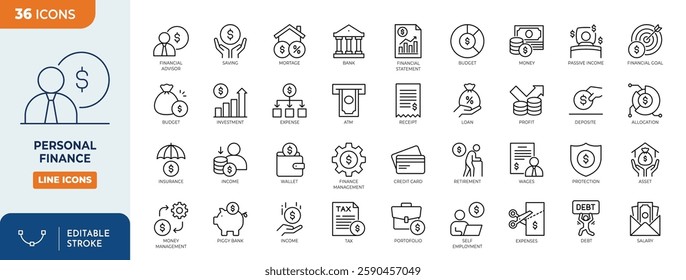 Personal Finance line editable icon set. Containing budget, savings, expense, income, tax, loan, statement, financial management, mortgage and more. Vector illustration