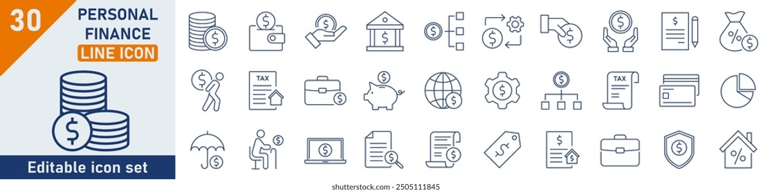 Symbolsatz für persönliche Finanzposition. Set von 30 Gliederungssymbolen, die sich auf Einsparungen, Budget, Darlehen, Steuern und mehr beziehen. Lineare Symbolsammlung. Kollektion von persönlichen Finanzplansymbolen. Bearbeitbarer Strich.