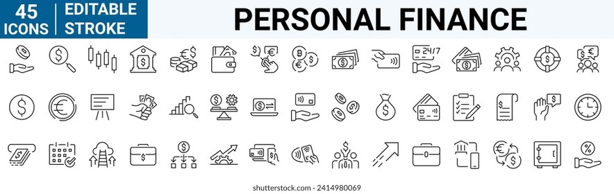 Personal Finance line web icons Money and Coins. Cash, Credit Cards, Money Bag, Containing banking, Investment, income, accounting, money, loan. Editable stroke.