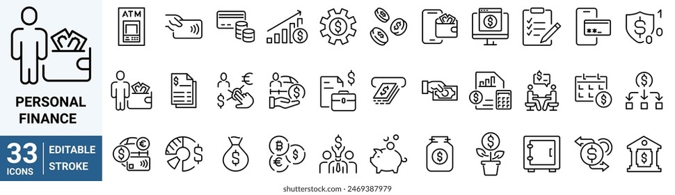 Personal finance line web icons. cash, saving, financial goal, profit. Editable stroke. Vector illustration