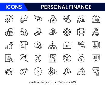 Personal Finance line web icons Money and Coins. Cash, Credit Cards, Money Bag, Containing banking, Investment, income, accounting, money, loan.