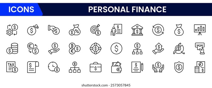 Personal Finance line web icons Money and Coins. Cash, Credit Cards, Money Bag, Containing banking, Investment, income, accounting, money, loan.