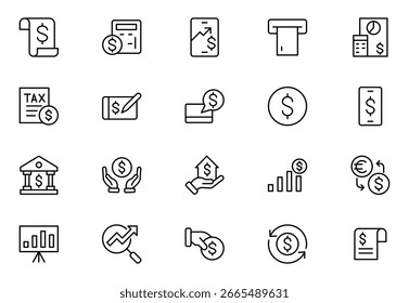 Linha financeira pessoal ícones da web Dinheiro e Moedas. Dinheiro, Cartões de crédito, Bolsa de dinheiro, Contendo banco, Investimento, renda, contabilidade, dinheiro, empréstimo.