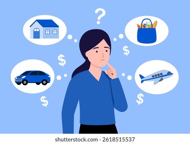 Gestão de finanças pessoais e orçamento, conceito de planeamento de despesas. Pessoa escolhendo, decidindo sobre o que gastar dinheiro. Distribuição financeira, estratégia, soluções e metas.