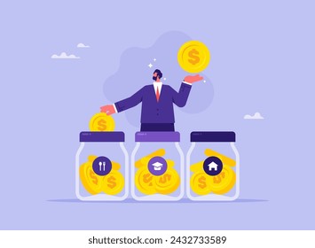 Personal finance management, budget planning and diversification of expenses, businessman putting money in the jar, saving money and management