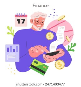 Personal finance management concept. Senior man calculating expenses with bills, coins, and credit card. Budgeting and financial planning illustration. Vector illustration.