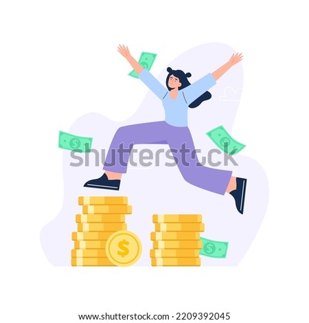 Personal finance management concept. Wealth and financial success. A woman jumps through stacks of coins and picks up cash in the air. Vector flat illustration isolated on the white background.