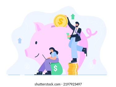 Personal finance management concept. A young man and woman save the earning money in the piggy bank. Savings for education, vacation, or retirement. Vector flat illustration on the white background.