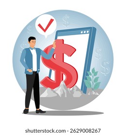Personal finance management. Man managing finances and investments digitally, emphasizing innovation, achievement, and growth.