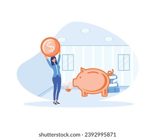  Personal finance management. Woman hand holding coin money. Save money and financial investment.  flat vector modern illustration 