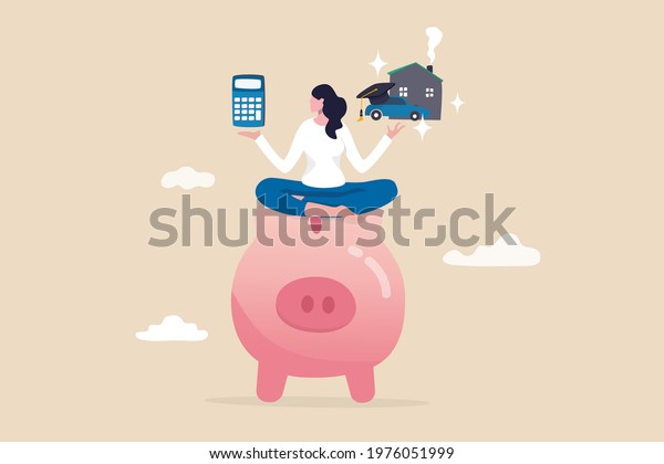 Personal finance money management, expense, cost and\
budget calculation for education, housing mortgage or car loan\
concept, smart woman on piggy bank with calculator, house, car and\
graduate hat.