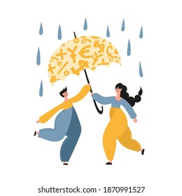 Personal Finance, Money Savings, Emergency Support Fund, Insurance, Financial Growth Concept. Family Of Man And Woman Using Emergency Trust Fund As Umbrella To Cover Under It In Difficult Times