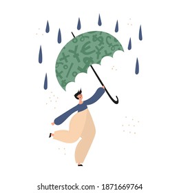 Personal Finance, Money Savings, Emergency Support Fund, Personal Capital, Insurance, Financial Growth Concept. Man Using Emergency Trust Fund As Umbrella To Cover Under It In Difficult Times