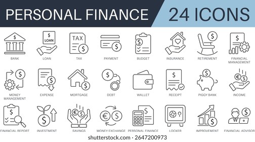Conjunto de ícones da estrutura de tópicos do Personal finance. Incluindo orçamento, poupança, empréstimo, receita, imposto, demonstrativo, gerenciamento financeiro, hipoteca, Consultor financeiro e muito mais. Coleção de ícones de vetor de linha