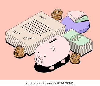 Personal finance planning or taxes and payments concept with isometric stacks of money and bills and pie chart and coins and piggy bank isolated on pink background. Vector illustration