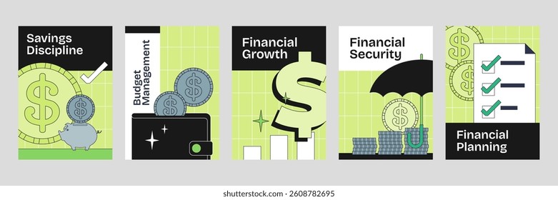 Personal finance poster with coins, dollar signs, and checklists, illustrating budgeting and growth in Neubrutalism style.
