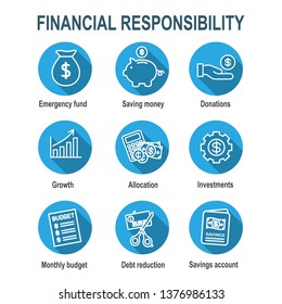 Personal Finance and Responsibility Icon Set with Money, Saving, and Banking options