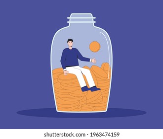 Personal finance. Savings. Young man with money sitting in moneybox. Young male character in jar of coins. Vector color line art illustration.
