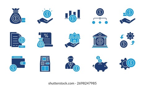 Conjunto de iconos azules planos delgados de finanzas personales. Contiene presupuesto, ahorros, inversión, gastos, ingresos, impuestos, préstamos, hipotecas, bancos, administración de dinero. Ilustración vectorial