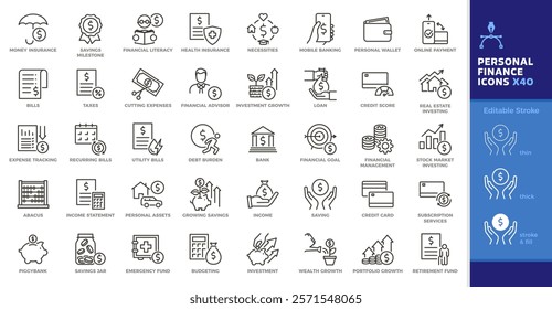 Personal finance thin line icon set. Vector editable stroke. Saving, investing, money management.