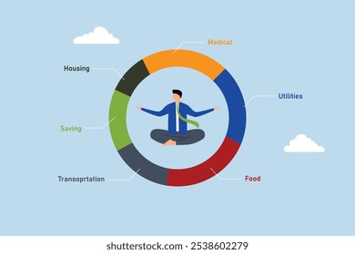 Personal finance, Tranquil woman practices meditation in the middle of a pie chart representing expenses and spending. 