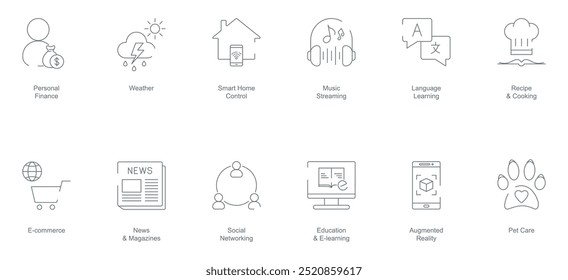 Personal Finance, Weather, Smart Home Control, Music Streaming, Language Learning, Recipe and Cooking, E-Commerce, News and Magazines, Social Networking, Education and E-Learning mobile app icon set