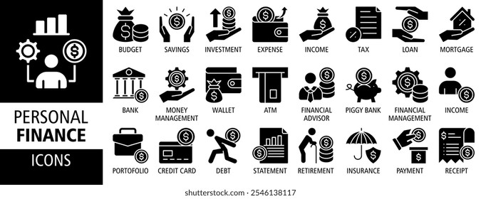 Personal finance web banner icon set vector illustration. Containing budget, savings, expense, income, tax, loan, statement, financial management, mortgage and more. Solid vector icons collection.