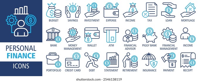 Personal finance web banner icon set vector illustration. Containing budget, savings, expense, income, tax, loan, statement, financial management, mortgage and more. Solid vector icons collection.