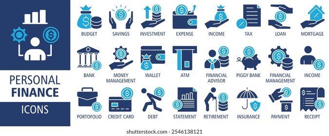 Personal finance web banner icon set vector illustration. Containing budget, savings, expense, income, tax, loan, statement, financial management, mortgage and more. Solid vector icons collection.