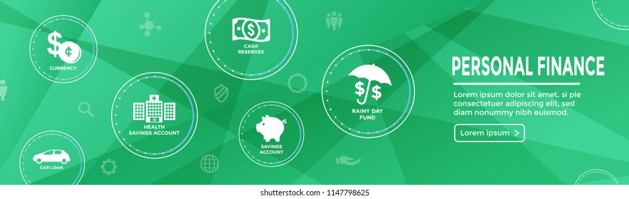 Personal Finance Web Header Banner w/ Rainy Day fund, cash reserves, savings account, hsa, and mortgage loan icon set