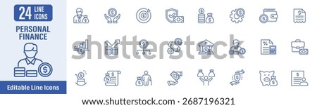Personal Finance web icons in line style. Contains icons as personal finance, finance, income, budget, insurance, money, savings, financial, investment, pension fund and more. Vector illustration.