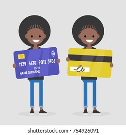 Personal finances. Bank account. Young black girl holding a plastic card: front and back sides. Wireless transaction. Contactless payment. Flat editable vector illustration, clip art