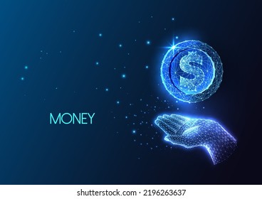 Personal finances, money, savings futuristic concept of with hand holding dollar coin on dark blue