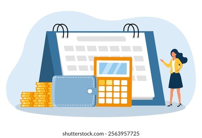 Personal financial bill payment calendar. Woman check pay schedule or payroll. Tax, loan, deadline debt or income due date concept. Payday in time for employee. Monthly budget or salary planning.