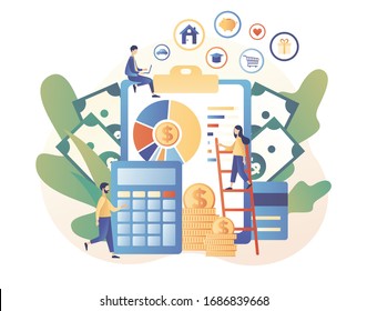 Personal financial control. Budget management. Financial literacy. Cash flow. Tiny people is planning the personal budget. Modern flat cartoon style. Vector illustration on white background