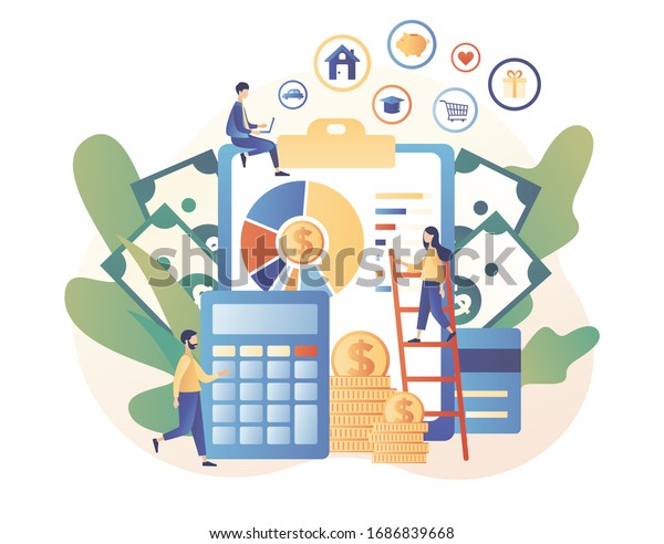 Personal financial control. Budget management.
Financial literacy. Cash flow. Tiny people is planning the personal
budget. Modern flat cartoon style. Vector illustration on white
background
