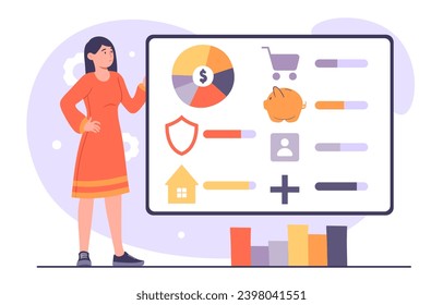 Personal financial control concept. Woman near computer monitor with graphs and diagrams. Financial literacy, budgeting and accounting. Cartoon flat vector illustration isolated on white background