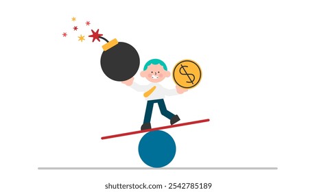 Conceito de gestão financeira pessoal, cálculo para a vida rica, equilíbrio entre o pagamento da dívida e salário de renda, empresário equilibrando-se na gangorra com bomba de dívida e moeda de dinheiro