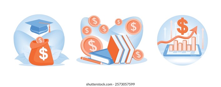 Personal financial management. Invest money in education and self-development. The concept of financial literacy. Investing money in self-development concept. Set flat vector illustration.