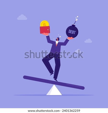 Personal financial management, smart calculation for wealthy life concept, balancing between debt payoff and income salary, businessman balancing himself on seesaw with debt bomb and money wallet