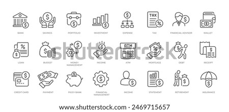 Personal financial minimal thin line icons. Related money, insurance, loan, debt. Editable stroke. Vector illustration.