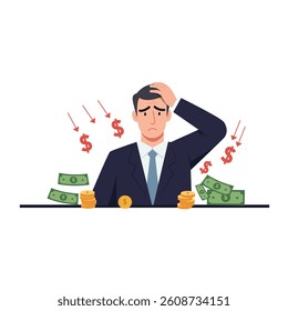 Personal Financial Problems in a man struggle money expenses, 2D flat art vector illustration