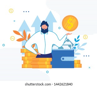 Personal Financial Target Metaphor Cartoon. Office Businessman Stand on Coin Pile Showing Gold Dollar. Wallet with Cash Banknote. Loan Offer, Bank Investments or Refinancing. Vector Flat Illustration