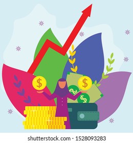 Personal Financial Target Metaphor Cartoon. Office Business Stand 
on Coin Pile Showing Gold Dollar. Wallet with Cash Banknote. Loan Offer, 
Bank Investments or Refinancing. Vector Flat Illustratio