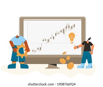 Personal financing. Investment idea. Financial advisor and analyst. Minor shareholders. People with huge computer monitor and candle stick graph chart. Vector illustration.
