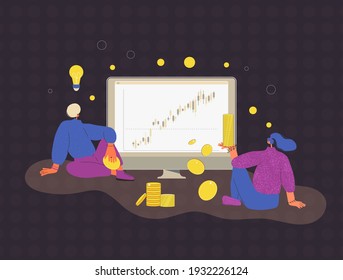 Personal financing. Investment idea. Financial advisor and analyst. Minor shareholders. People with huge computer monitor and candle stick graph chart. Vector flat illustration.